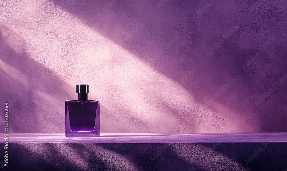 Poster elegant purple perfume bottle on soft mauve background with subtle lighting