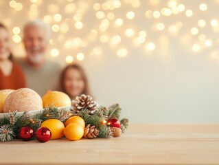 Festive Christmas decorations with lemons, pine cones, and red ornaments on a wooden tabletop, blurred lights and a cheerful family in the background. Perfect for holiday-themed and advertisements.