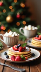 A Cozy Christmas Breakfast Table with Pancakes Fruit and Hot Chocolate with Marshmallows Ready to Start the Festive Day