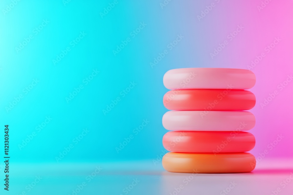 Poster a stack of colorful, smooth discs set against a vibrant gradient background in shades of blue and pi