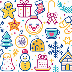 Colorful Christmas and winter holiday icons pattern.
