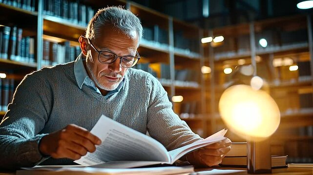 Researcher Working in Library with Documents and Copy Space
