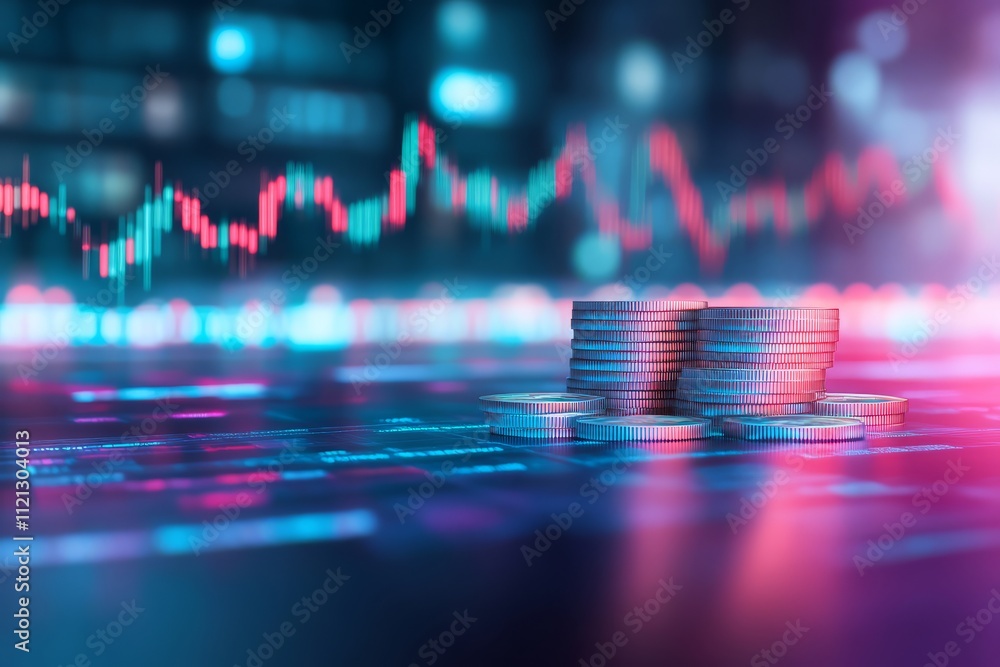 Poster a futuristic visualization of stacked coins with a digital trading graph in the background, symboliz