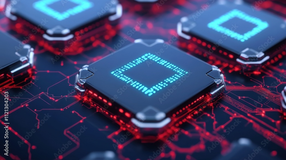 Poster high-tech microchips on circuit board with neon lighting background