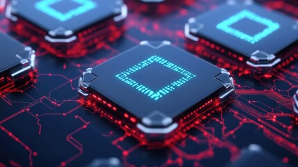 High-Tech Microchips on Circuit Board with Neon Lighting Background