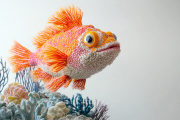 Fototapeta premium Intricately crafted, vibrant orange and pink knitted fish swimming amidst delicate, multicolored crochet corals on a plain background.