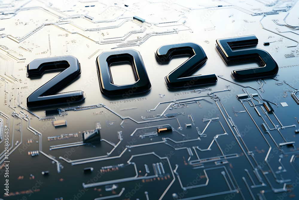 Poster a futuristic representation of the year 2025 with a circuit-like background.
