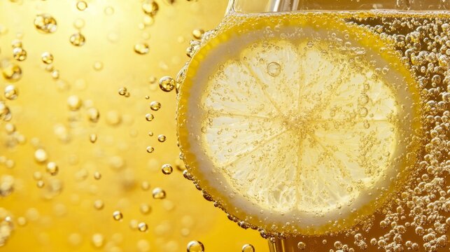 Fizzy Lemon Zest: A close-up of fizzy lemon zest soda in a glass, with bubbles and a lemon slice on the rim. - Powered by Adobe