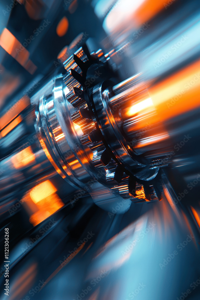 Poster dynamic industrial cog with motion blur in blue and orange color scheme
