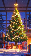 Fototapeta premium Christmas tree with lights and gifts on the background of a winter landscape