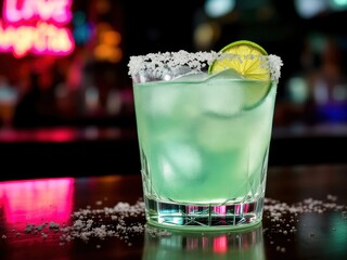Neon nightlife vibe with lime margarita on rustic bar counter
