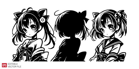 cute girls cartoon Silhouettes Black and White Illustration Designs on White Background