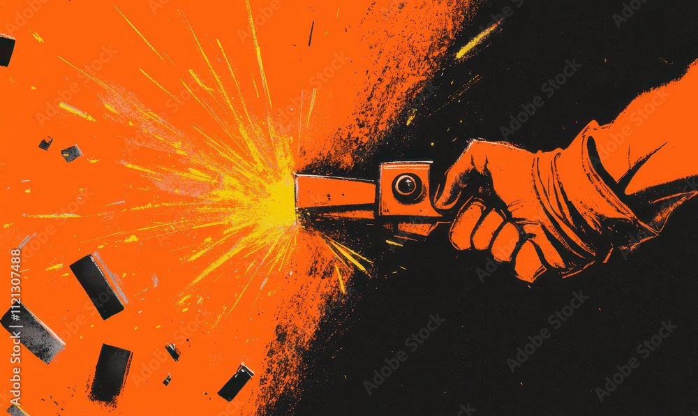 Aufkleber dynamic orange and black color explosion with hand-held power tool