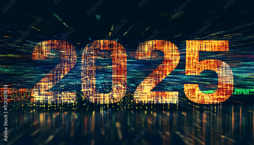 Poster a futuristic depiction of the year 2025 with dynamic visual effects and vibrant colors.