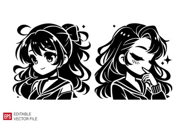 cute girls cartoon Silhouettes Black and White Illustration Designs on White Background