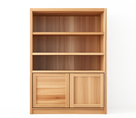 A wooden bookcase with three shelves and two drawers on transparent background
