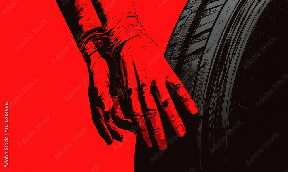 Poster dynamic illustration of hands on tire with bold red and black color scheme
