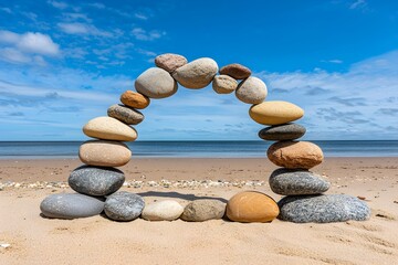 Serene Coastal Stone Archway Created from Smooth Pebbles Displaying Tranquility and Natural Beauty Against a Clear Blue Sky and Sandy Beach