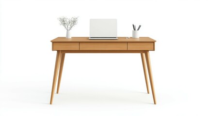 A wooden desk with a laptop and a vase of flowers on it