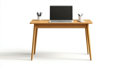 A wooden desk with a laptop and a pen holder