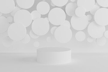 White abstract stage - round podium, mockup, flying circles decor. Template 3D illustration scene in modern airy geometric style for presentation cosmetic products, branding, goods, advertising, sale.