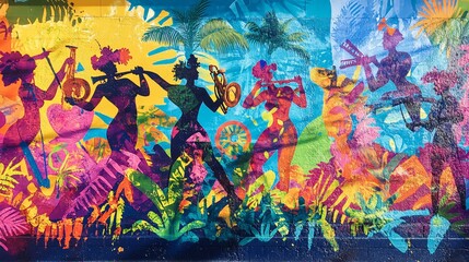 Vibrant Silhouettes of Musicians Against a Colorful Tropical Background