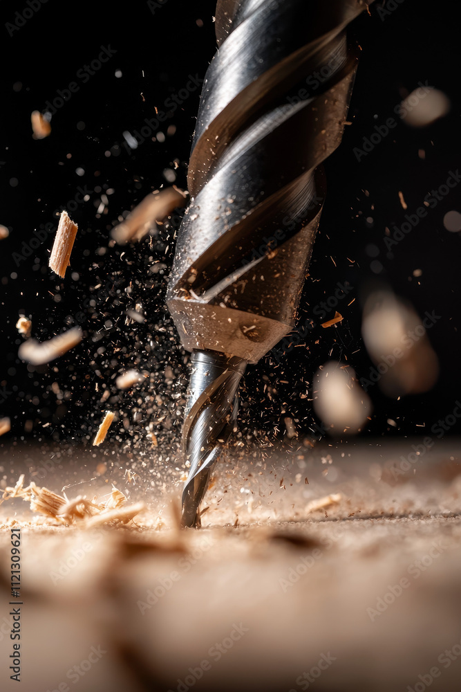 Poster dynamic close-up of drill bit in action with flying wood shavings and metallic sparks on a dark back