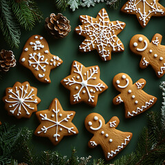 Festive Close-Up of Holiday Gingerbread Cookies in Various Shapes with Icing on a Dark Green Surface Surrounded by Evergreen Decor