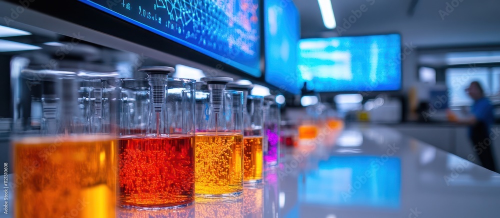 Poster colorful beakers in a laboratory setting with computer screens in the background.