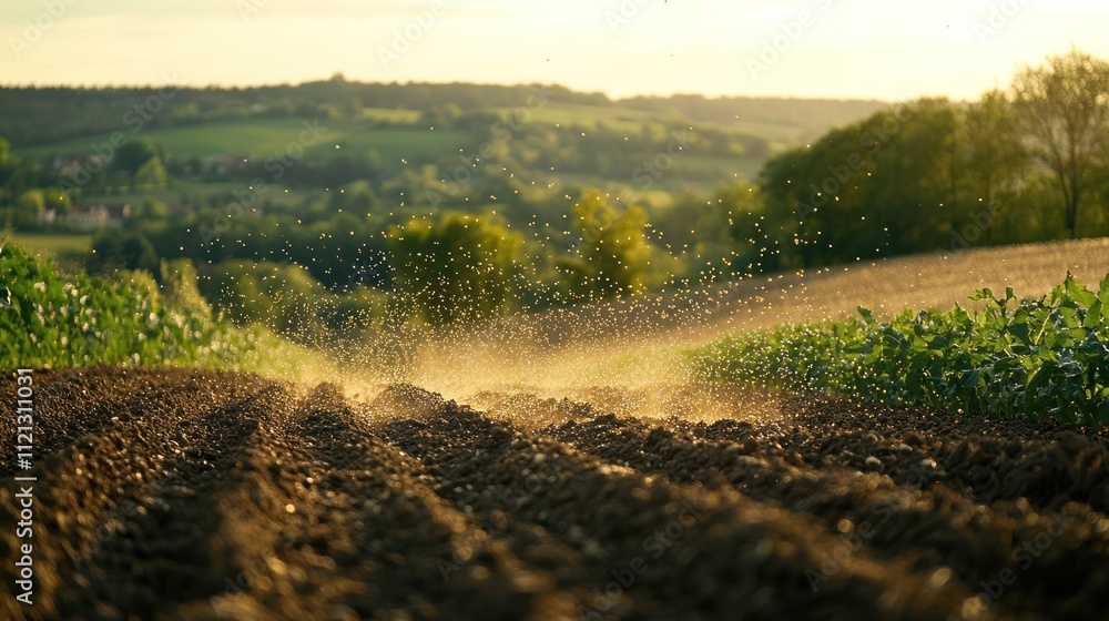 Poster a close-up view of a freshly tilled field, with rows of furrows and a dusting of soil in the air. th