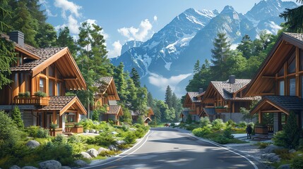 Mountain village road with wooden chalets.