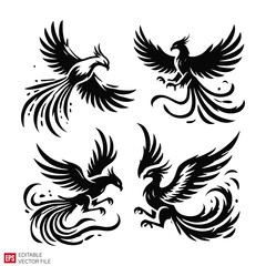Obraz premium set of various phoenix tattoo Silhouettes Black and White Illustration Designs on White Background