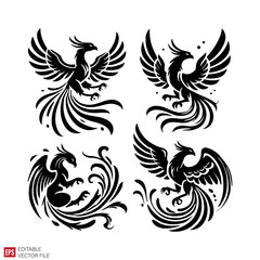 Obraz premium set of various phoenix tattoo Silhouettes Black and White Illustration Designs on White Background