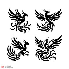Fototapeta premium set of various phoenix tattoo Silhouettes Black and White Illustration Designs on White Background