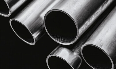 Close-Up of Steel Pipes Showing Metallic Texture and Industrial Aesthetic Against Dark Background