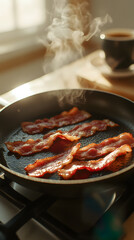 Frying Pan with 4 Bacon Strips Cooking on Stove - Sizzling Breakfast Being Prepared with a Hand Adjusting the Heat