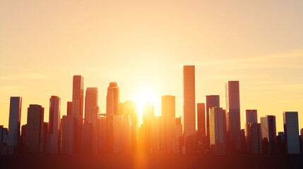 Obraz premium City skyline at sunset with sun rays illuminating tall buildings.