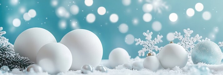Festive Christmas holiday collage with white balls and blue background enhancing winter cheer
