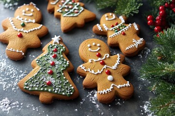 Gingerbread cookies shaped like Christmas trees and festive figures displayed on a festive table