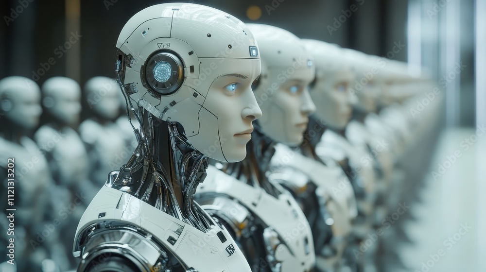 Poster a row of robots with blue eyes stand in a line