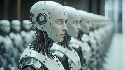 Fototapeta premium A row of robots with blue eyes stand in a line