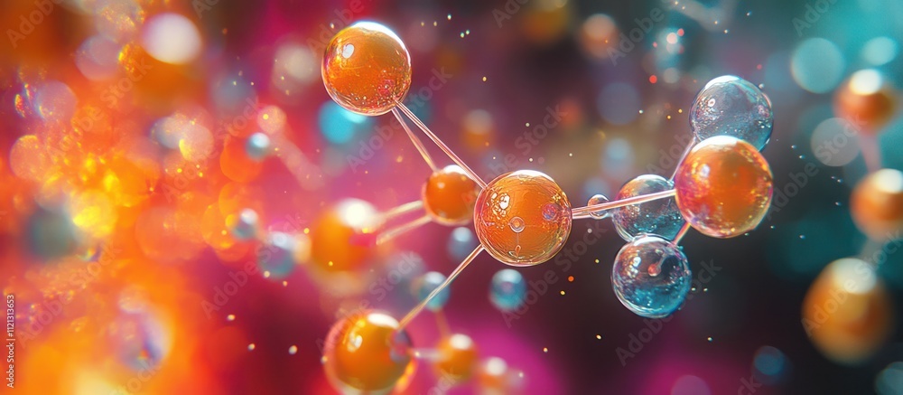 Poster abstract 3d rendering of a molecule with glowing orange and blue spheres connected by thin lines aga