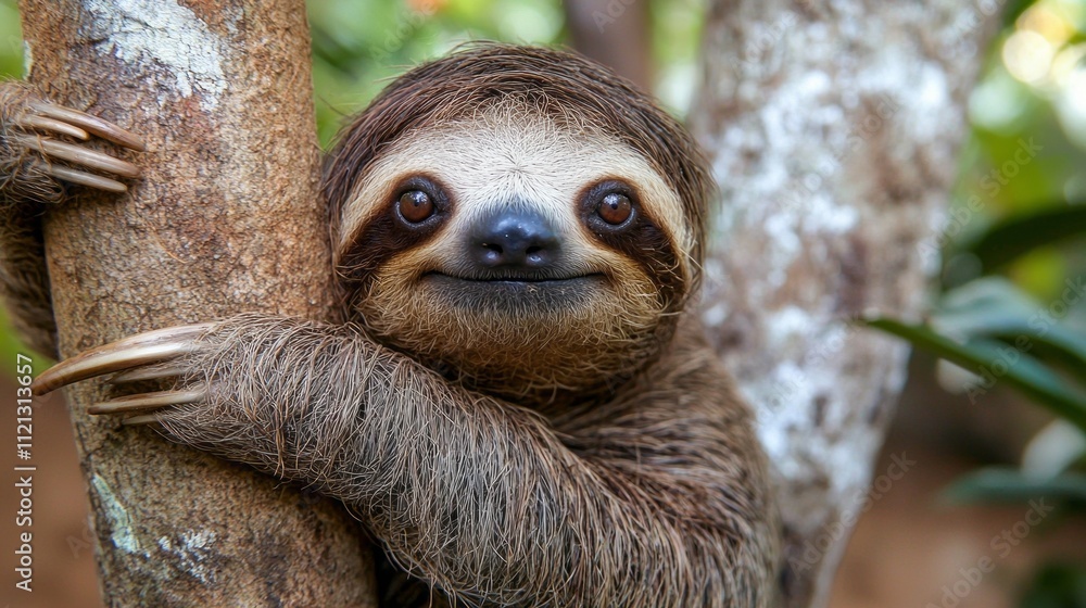 Poster a cute sloth clings to a sturdy tree branch in a vibrant tropical setting, showcasing its playful an