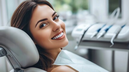 A woman in a dentist chair smiles at the camera.