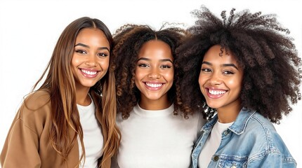 Fototapeta premium A group of smiling diverse friends in casual outfits, radiating happiness, positivity, and natural beauty.