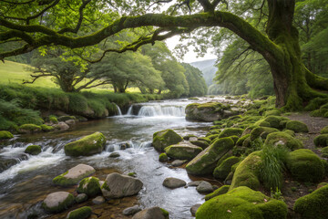 Flowing River with Mossy Stones and Overhanging Trees