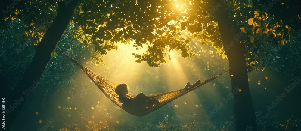 Poster a person relaxing in a hammock strung between trees in a lush forest, bathed in the warm light of th