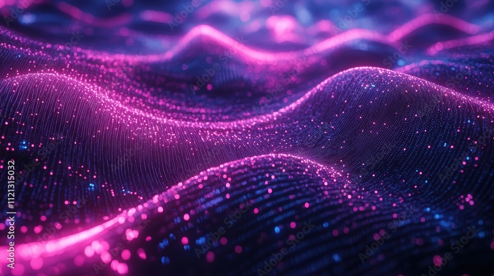 Aufkleber glowing neon lights on a retro 3d wavy grid background with vibrant colors and soft depth effects fo