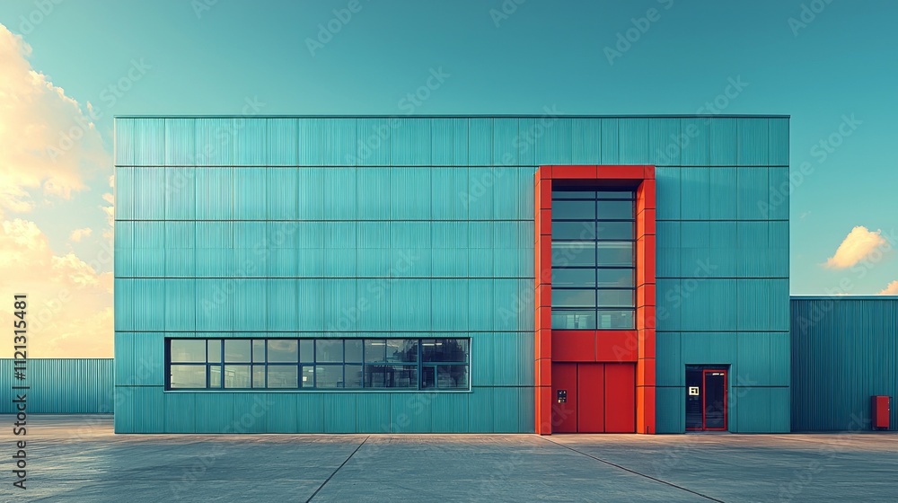 Aufkleber Brightly colored factory structure showcases contemporary architecture. Its large windows and angular design highlight sustainable industry practices amidst a serene landscape