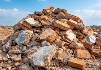 工事現場で見つけたレンガと石の廃材の山が日差しを浴びている様子